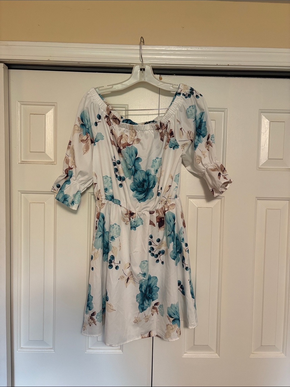 Floral Off-Shoulder Dress in Teal and White